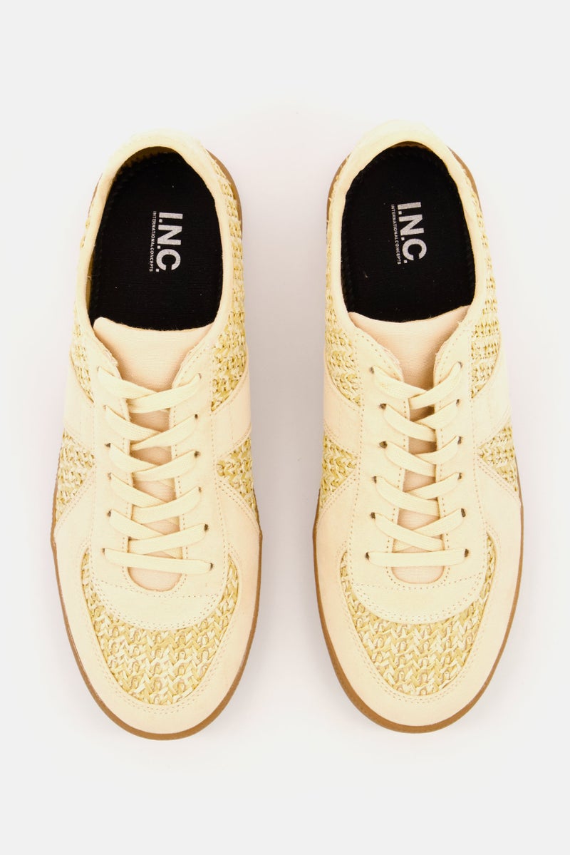 INC Men Lace Up Faux-Leather Raffia Sneakers Shoes, Beige - Image 4